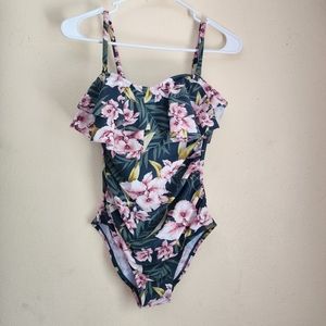 Kona sol women's floral one piece high coverage Bandeau flounce Bathing suit